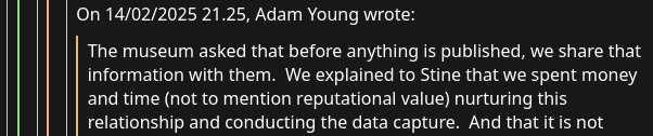 Adam stating the Petrie Museum needs to review data before publication.