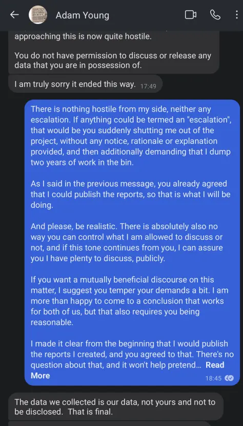 Adam demanding I never discuss or release any data